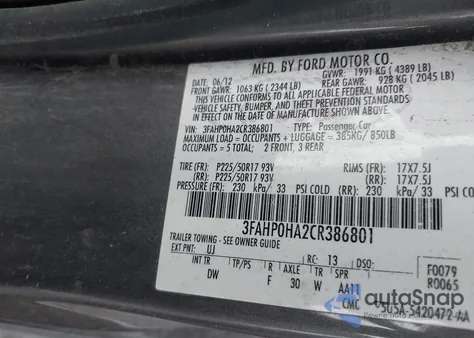 2012 Ford Fusion Se from USA, damaged, VIN 3FAHP0HA2CR386801